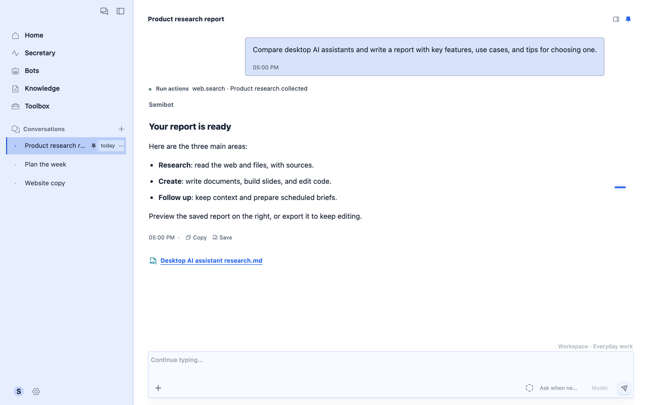 Semibot's conversation view showing research, a response and a report file. English UI with sample content.