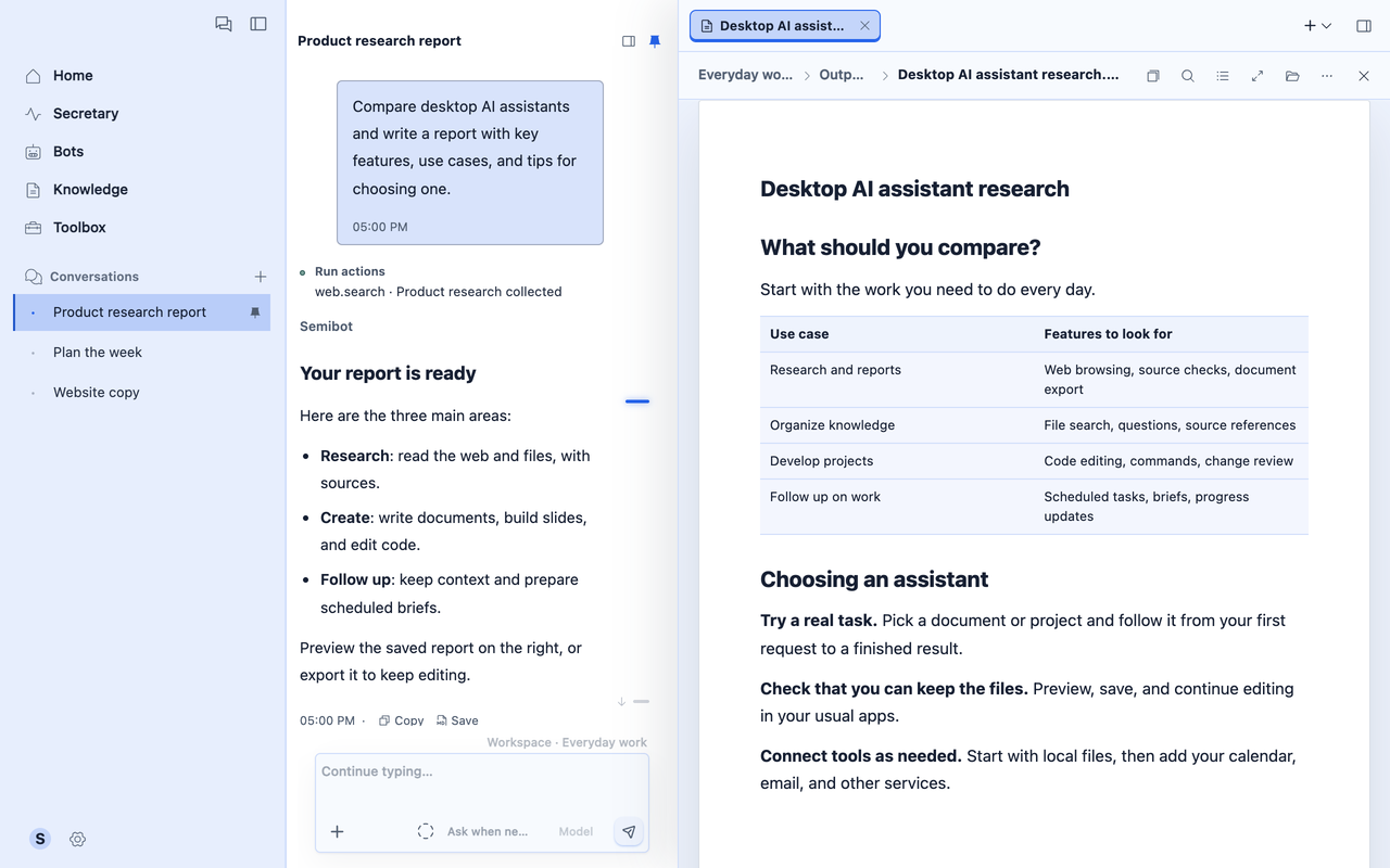 Semibot's conversation beside the report preview, with file export controls. English UI with sample content.